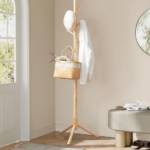 Wooden Coat Rack Stand with Tiered Hooks, Freestanding Hat and Jacket Organizer for Bedroom