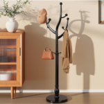 Wooden Clothes Rack Stand with Round Base, Freestanding Jacket and Accessory Holder