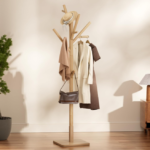 Tall Wooden Coat Tree for Bedroom Corner, Freestanding Hat Rack with Multi-Level Hooks
