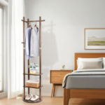 Wooden Coat Tree Rack with 3-Tier Hanging Arms, Freestanding Storage for Entryway and Office