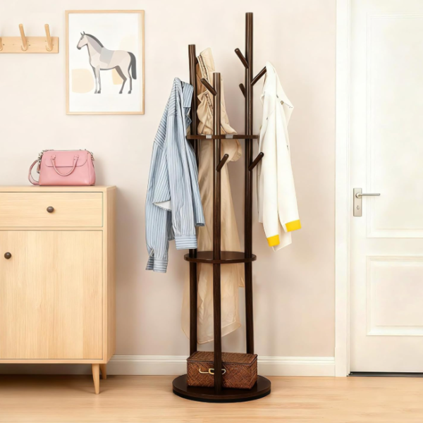 Wooden Coat Rack for Apartment Entryway, Freestanding Multi-Hook Stand with Natural Finish