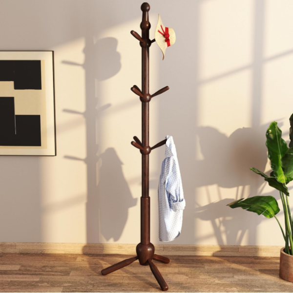 Wooden Corner Coat Stand with 9 Hooks, Freestanding Jacket Rack for Small Rooms