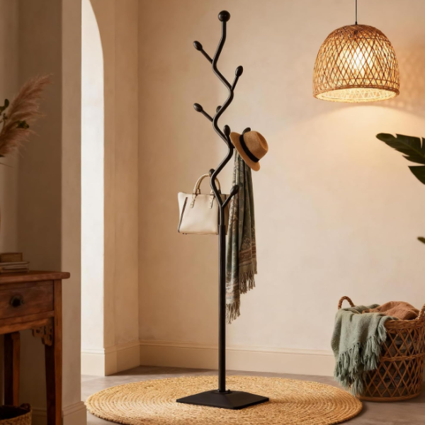Tall Wooden Freestanding Coat Rack with Branch Hooks, Home Organizer for Coats and Accessories
