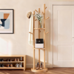 Natural Wood Coat Tree with 3-Tier Hooks, Freestanding Hat Rack for Bedroom and Living Room