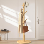 Wooden Coat and Hat Stand with Round Base, Space-Saving Freestanding Rack for Home Office