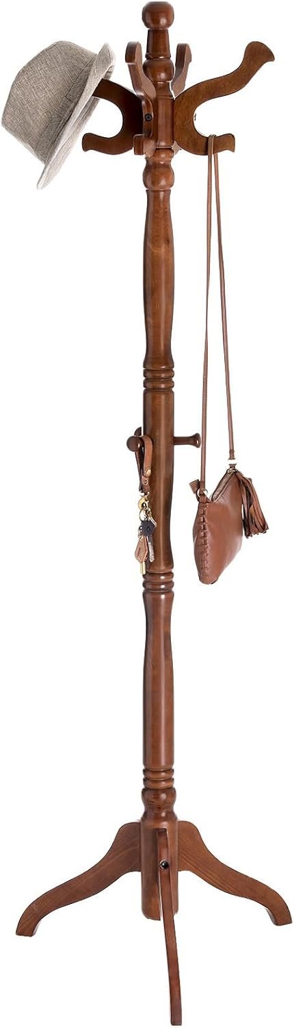51giicWzeZL._AC_SL1500_.jpg Coat Rack Free Standing with 11 Hooks, Wooden Hall Tree Coat Hat Tree Coat Holder with Solid Rubberwood Base for Coat, Hat, Clothes, Scarves, Handbags, Umbrella, Dark Walnut - Image 1