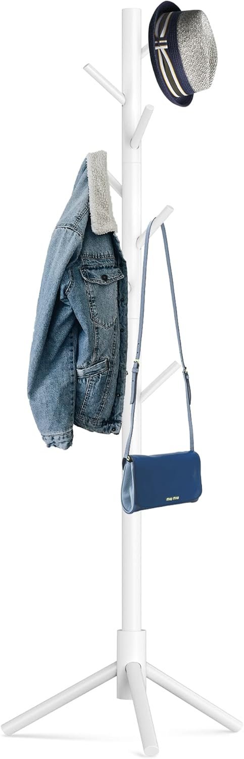 610aF56soL._AC_SL1500_.jpg Wooden Tree Coat Rack Stand,Sturdy Freestanding Coat Rack with 8 Hooks,3 Adjustable Height for Child Adult,Wood Coat Stand Tree Fits Entryway Bedroom Office for Bags,Hats - Image 1