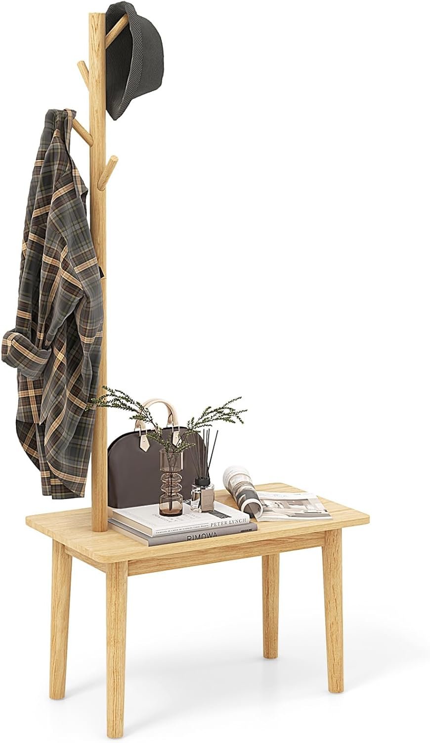 61CFmLNqL._AC_SL1500_.jpg Coat Rack with End Table, Solid Wood Coat Tree with 2-in-1 Side Table & 4 Hooks for Hats, Bags & Coats, Freestanding Hanger Stand Hall Tree for Entryway, Bedroom, Living Room (Natural) - Image 1