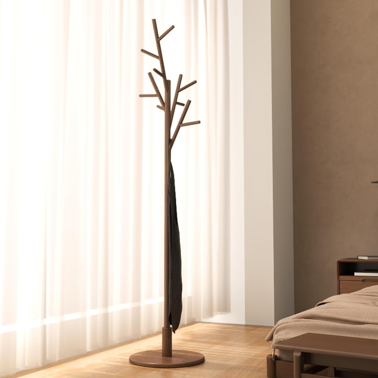 61GP7o3-z-L._AC_SL1500_.jpg Coat Rack,Solid Wood Coat Rack Freestanding with 12 Hooks,Coat tree freestanding 3 Adjustable Heights for coat, Hats, Handbags,Coat Stand for Entryway,Bedroom (Walnut) - Image 1