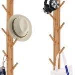 2-Pack Wood-Wall-Mounted-Coat-Hooks, Bamboo Vertical Coats Rack Holder Hanger with 8 Hooks Entryway Hanging Wooden Racks for Hanging Jacket Coat Hat in Entryway Office Bathroom(Natural)