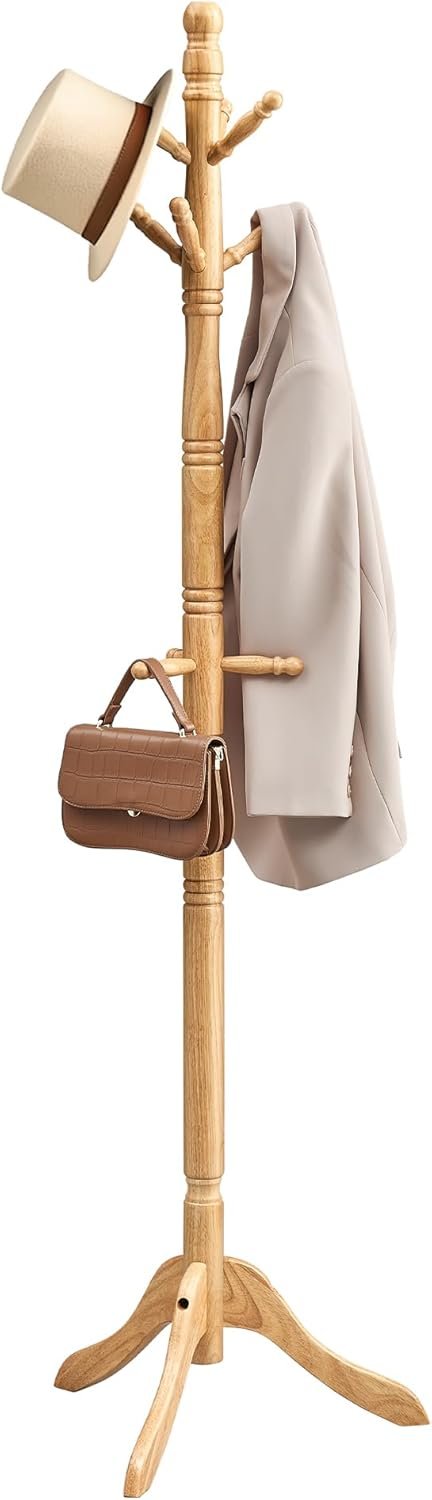 61Y48lIqsL._AC_SL1500_.jpg Solid Wood Coat Rack and Stand, Free Standing Hall Coat Tree with 10 Hooks for Hats, Bags, Purses, for Entryway, Hallway, Rubberwood, Natural Beige - Image 1