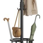 Freestanding Coat Rack with Umbrella Holder, Metal Stand with 12 Hooks, For Entryways, Hallways, Living Rooms, Bedrooms, Ink Black