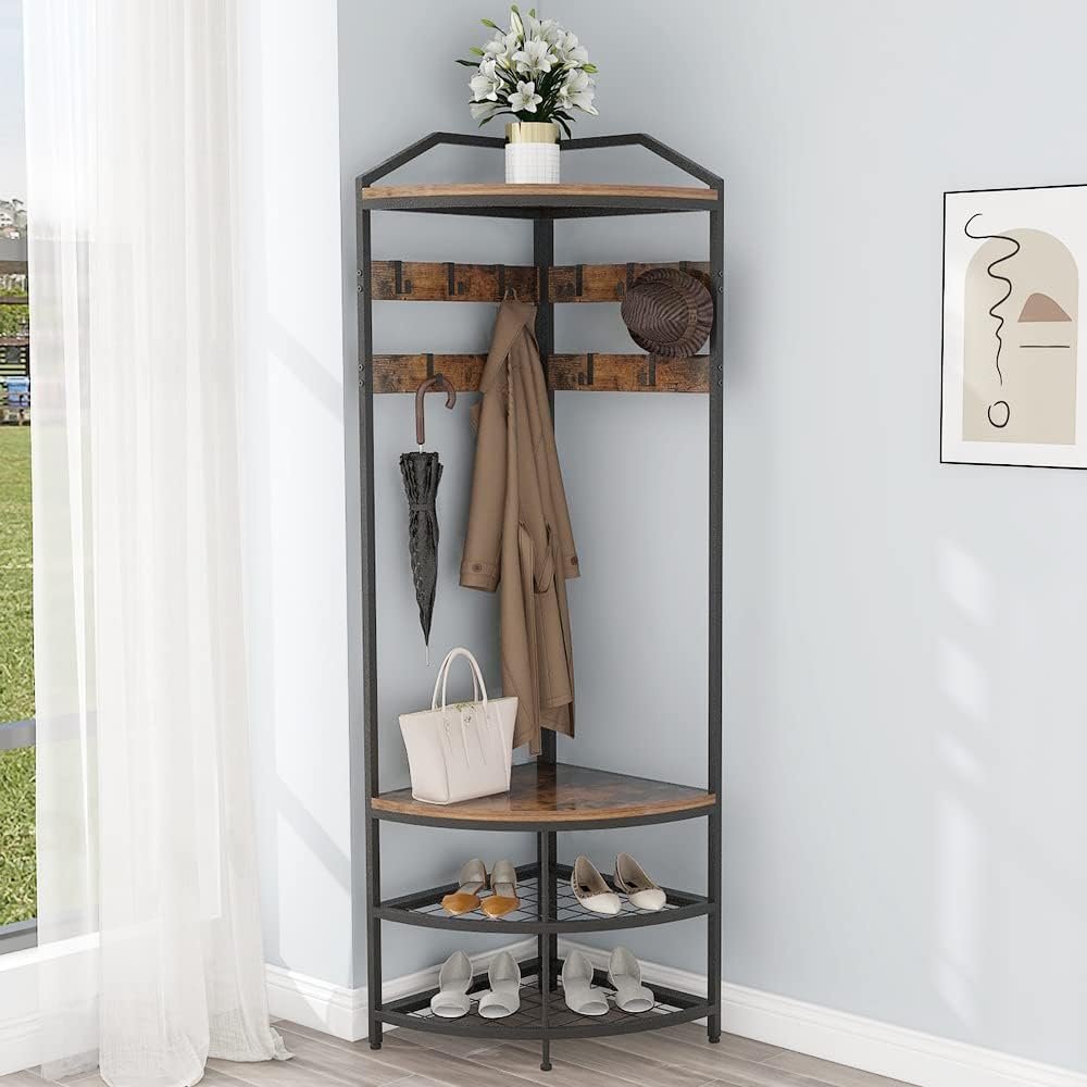 61fFHxhxOVL._AC_SL1000_.jpg Corner Hall Tree with Shoe Bench Entryway Coat Rack with 10 Metal Movable Hooks Floor Standing Clothes Rack Shoes Shelf Organizer for Home Office Bedroom (Rustic Brown) - Image 1