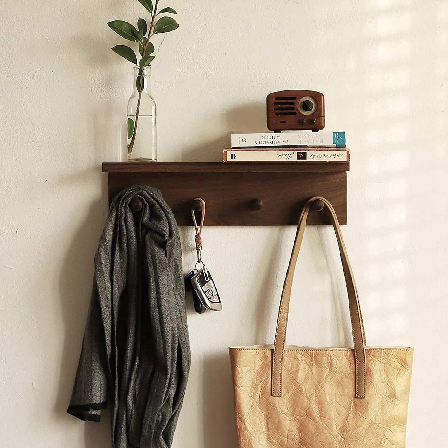 710GZeovQhL._AC_SL1500_.jpg Entrance Coat Rack ,Coat Hooks, Wall-Mounted Wooden Hook Rack, Wall-Mounted Shelves are Very Suitable 1pcs(Walnut Color) - Image 1