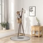 Solid Wood Coat Rack, Freestanding Clothes Tree with 6 Hooks, Houseware Standing Coat and Hat Hanger Organizer Rack, Clothes Tree Stand, Simple Assembly for Bedroom, Hallway, Office, Brown