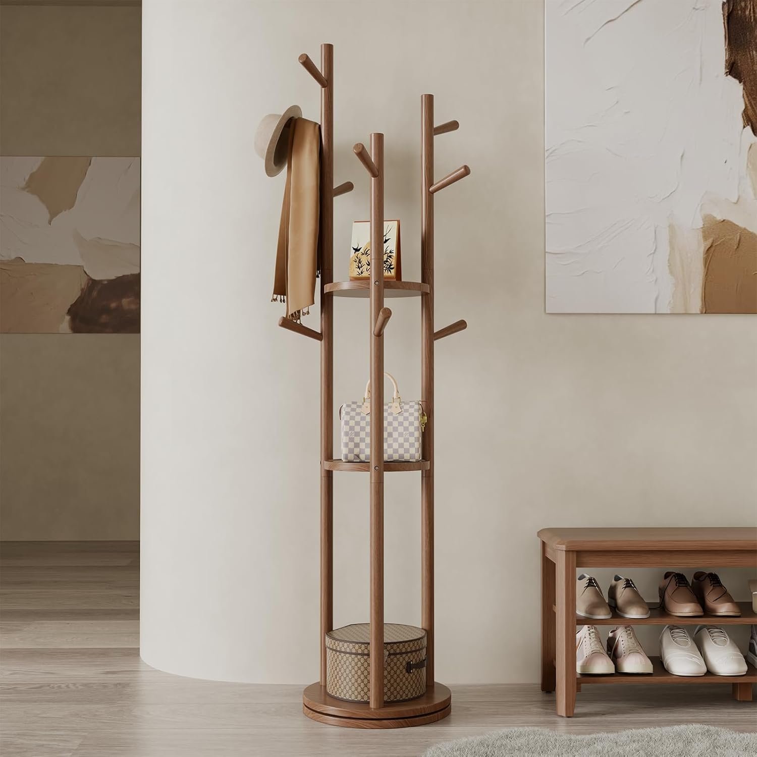 719JQ2dAkoL._AC_SL1500_.jpg Solid Wood Rotary Coat Rack, Freestanding Coat Rack with 3 Shelves and 9 Hooks, Coat tree for Bedroom, Entryway, Livingroom, Coat Hanger Stand for Coats, Scarves, Handbags (Walnut) - Image 1