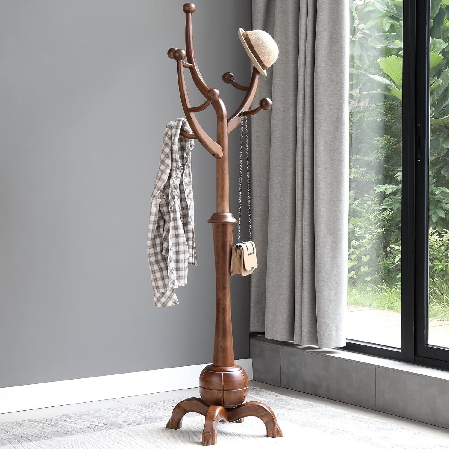 71G5Ul7us-L._AC_SL1500_.jpg Coat Rack Freestanding Wood Coat Tree Rack with 8 Hooks, Creative Design Tree Branch-look, Standing Coat Rack Clothes Hanger Stand with Stury Base for Entryway, Hallway, Bedroom - Load 160lb (Walnut) - Image 1