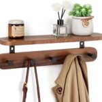 Coat Rack Wall Mount with Shelf, 17" Walnut Wood Wall Shelf with Hooks, Entryway Floating Shelf with 5 Metal Hangers for Coats, Backpacks, Living Room, Bedroom, Bathroom