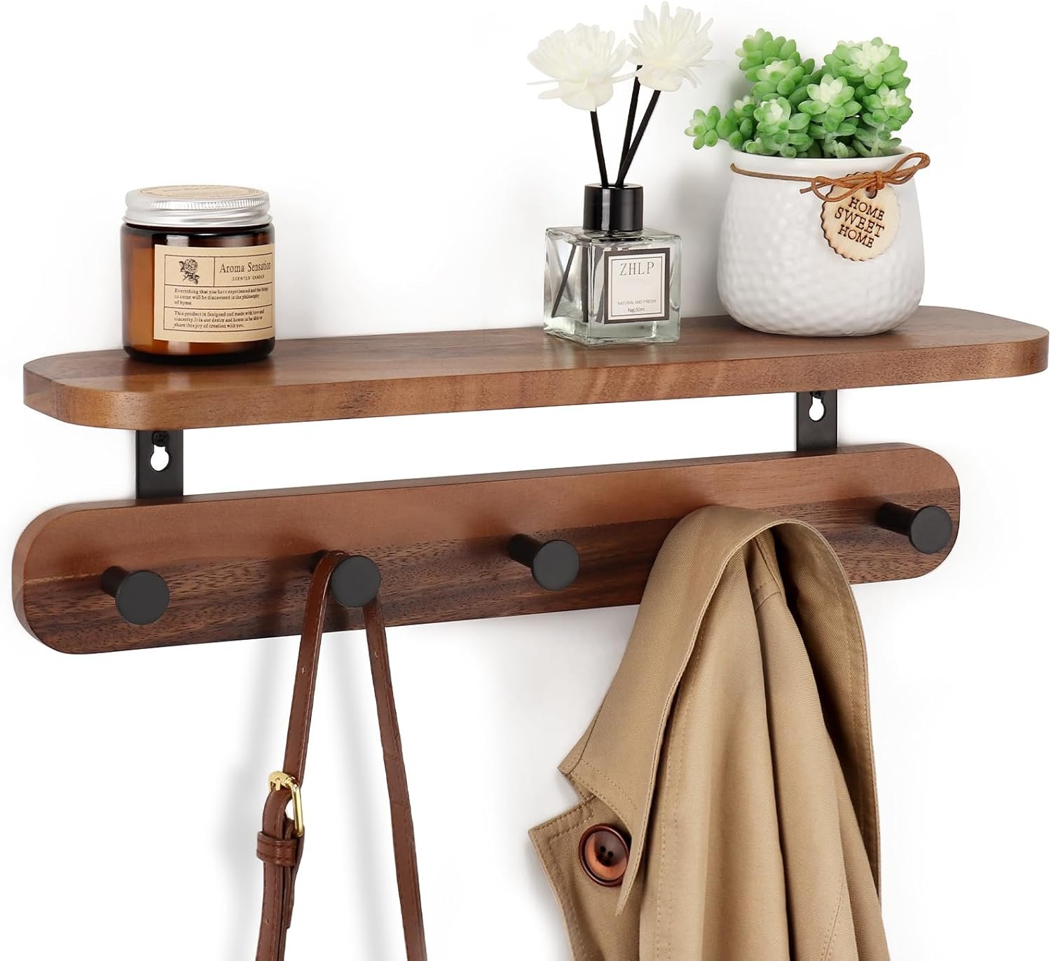 71NNxr-Y2tL._AC_SL1500_.jpg Coat Rack Wall Mount with Shelf, 17" Walnut Wood Wall Shelf with Hooks, Entryway Floating Shelf with 5 Metal Hangers for Coats, Backpacks, Living Room, Bedroom, Bathroom - Image 1