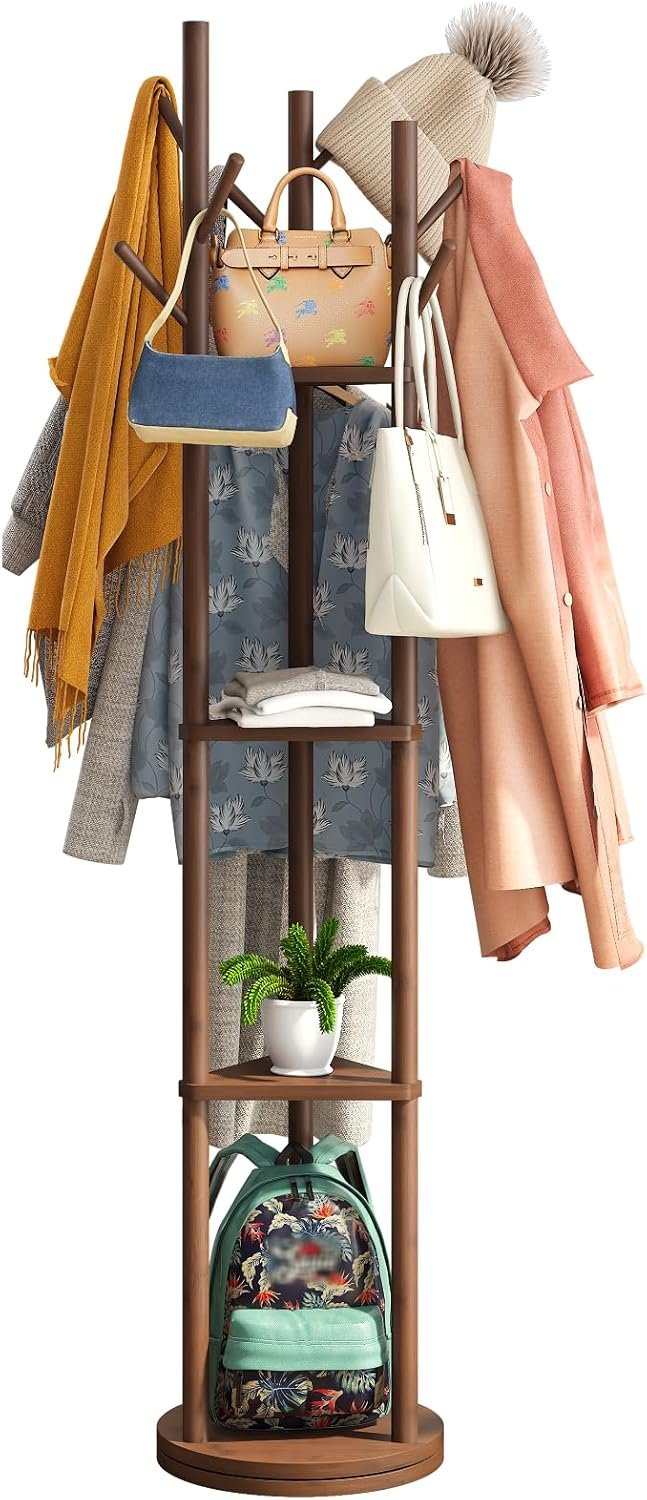 71RncRyWMlL._AC_SL1500_.jpg Rotary Coat Rack Stand with 8 Hooks, Bamboo Wood Coat Tree for Clothes/Bags/Hats, Large Coat Rack Freestanding for Entryway (Brown_triangle) - Image 1