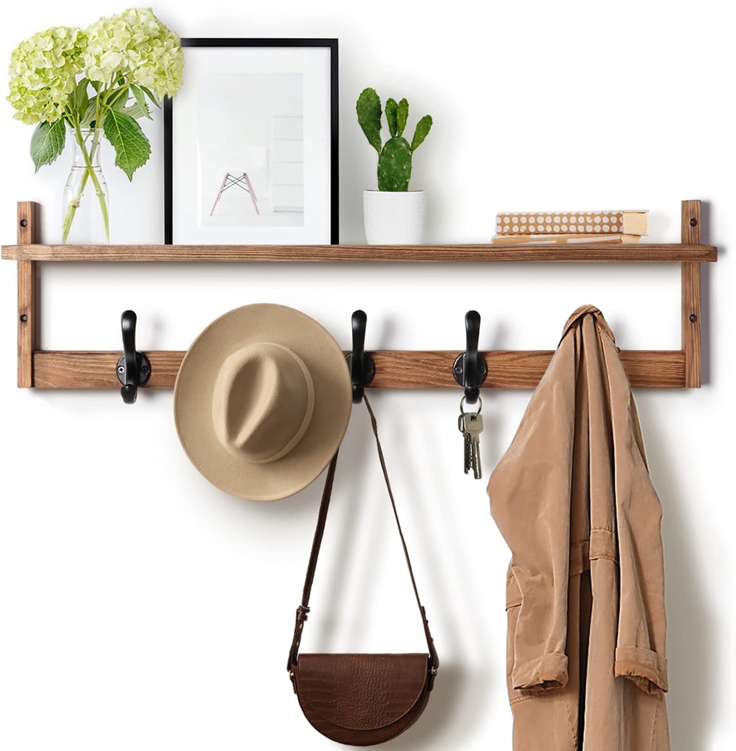 71UWM9WcevL._AC_SL1500_.jpg 29'' Coat Rack Wall Mount with Shelf, Wood Wall Hooks with Storage, Entryway Shelf with 5 Hangers for Bathroom, Living Room, Bedroom, Rustic Brown - Image 1