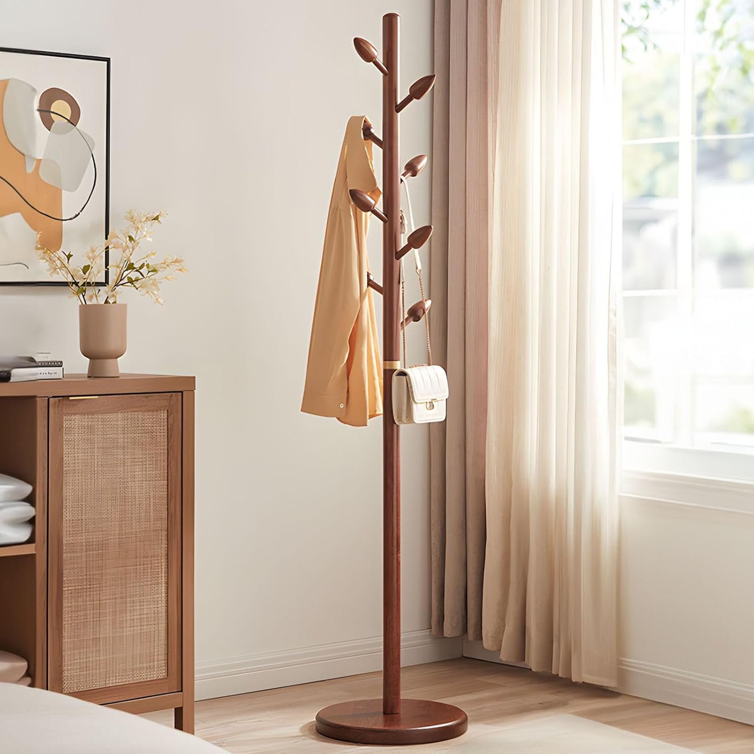 71ZSYVtDIYL._AC_SL1500_.jpg Wooden Coat Rack Freestanding - Heavy Duty Coat Tree Stand with 8 Bud-Shaped Hooks, Sturdy Round Base Coat Hanger for Entryway, Bedroom, Jackets & Clothes, 200lbs Capacity (Walnut) - Image 1