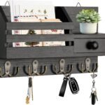 Key Holder Wall Mount, Wooden Adhesive Mail and Key Organizer with Drawer, Small Shelf, 8 Hooks, 2 Installation Methods, Black