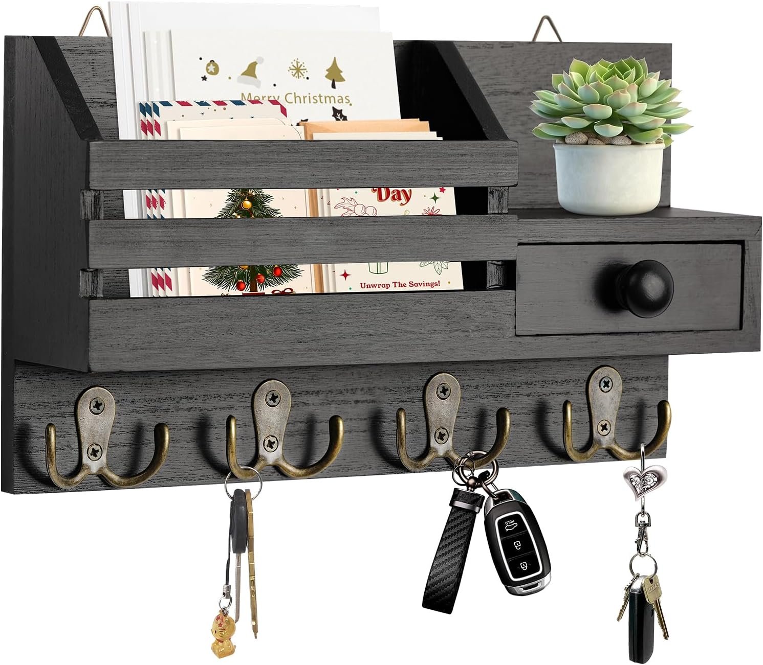 71ghBBTAuBL._AC_SL1500_.jpg Key Holder Wall Mount, Wooden Adhesive Mail and Key Organizer with Drawer, Small Shelf, 8 Hooks, 2 Installation Methods, Black - Image 1