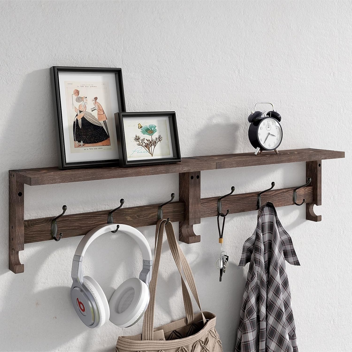 81-OLgRWhtL._AC_SL1500_.jpg Coat Hooks, Wood Rack Wall-Mounted, 31.5 Inch Entryway Shelf with 10 Hooks (Brown) - Image 1