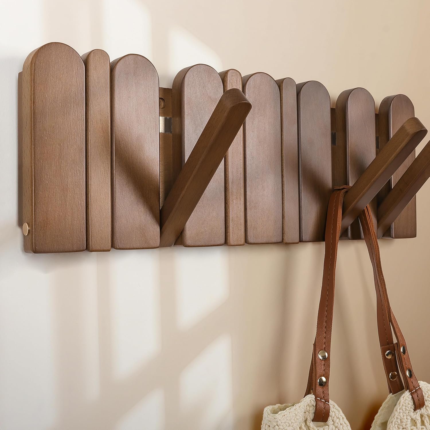 81B5JFcXZoL._AC_SL1500_.jpg Wall Coat Rack for Entryway: Wooden Modern Heavy Duty 6 Hooks Retractable Wall Mounted for Small Spaces Hallway Bathroom Bedroom for Hanging Jacket Towel Backpack Bag - Image 1