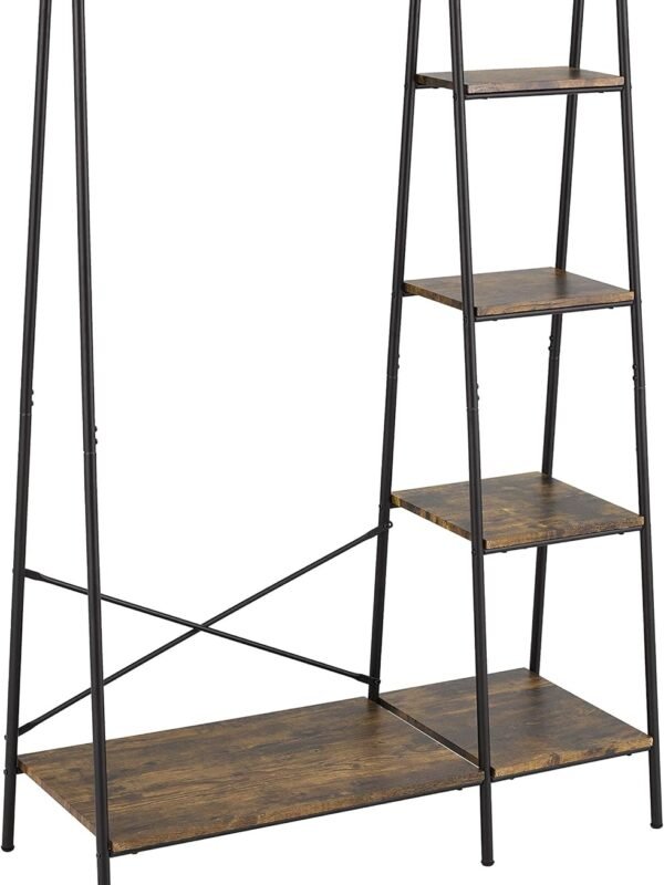 Rustic Clothes Rack, Clothing Rack for Hanging Clothes Heavy Duty Garment Rack with 5 Wood Shelves Freestanding Portable Closet Organizer for Bedroom/Entryway/Boutiques，Matte Black