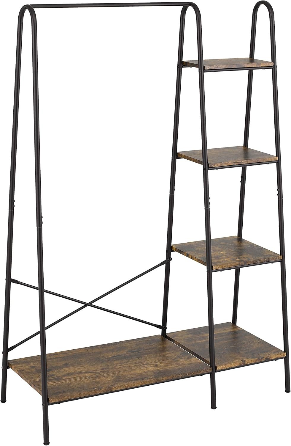 81OVP6Mn-6L._AC_SL1500_.jpg Rustic Clothes Rack, Clothing Rack for Hanging Clothes Heavy Duty Garment Rack with 5 Wood Shelves Freestanding Portable Closet Organizer for Bedroom/Entryway/Boutiques,Matte Black - Image 1